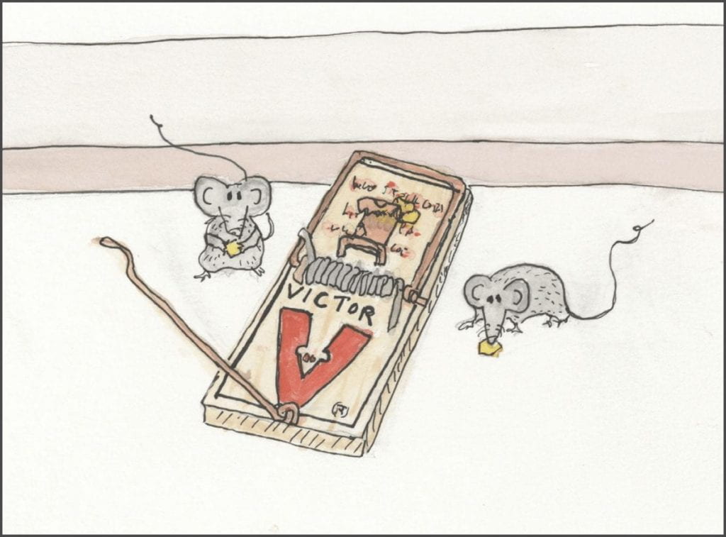 Drawing of mice near mouse trap eating cheese